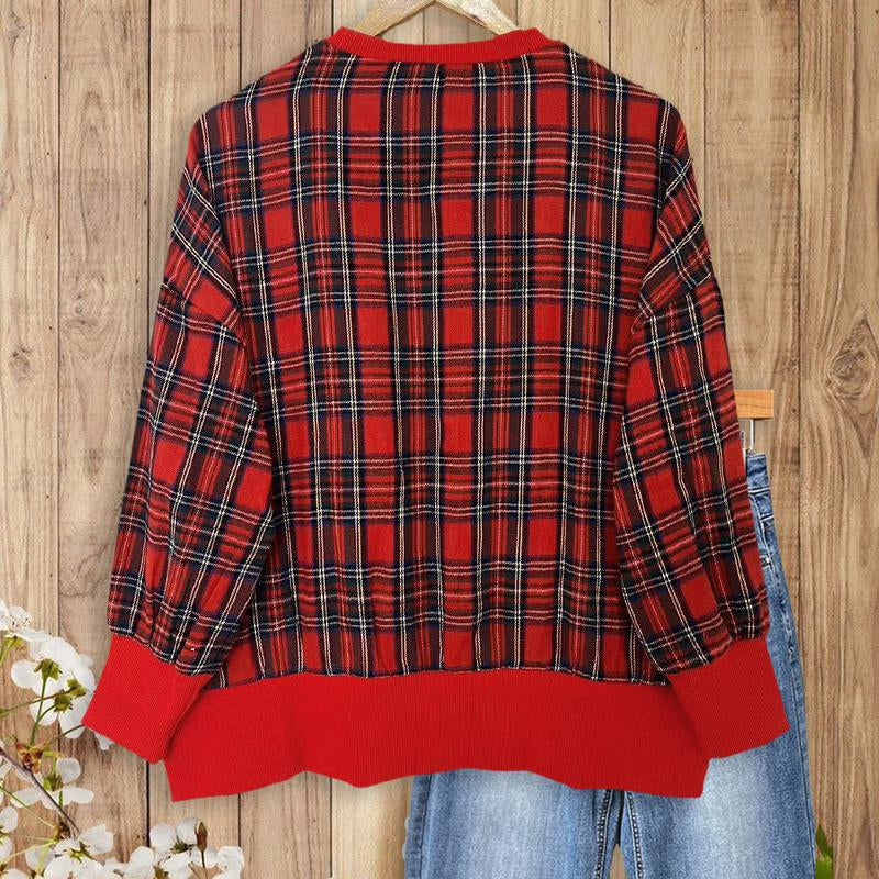 Sagevell Christmas Plaid "MERRY" Sweatshirt Festive Red Checkered Pullover with Fuzzy Letter Detail Cozy Holiday Top Soft Fleece Winter Piece