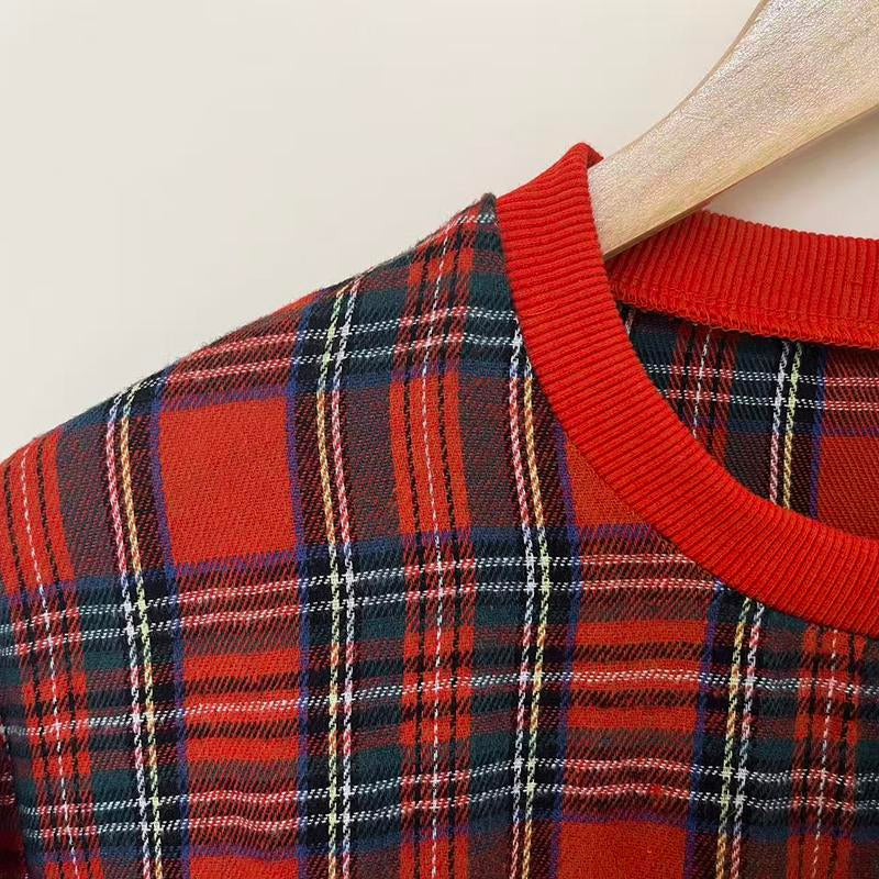 Sagevell Christmas Plaid "MERRY" Sweatshirt Festive Red Checkered Pullover with Fuzzy Letter Detail Cozy Holiday Top Soft Fleece Winter Piece