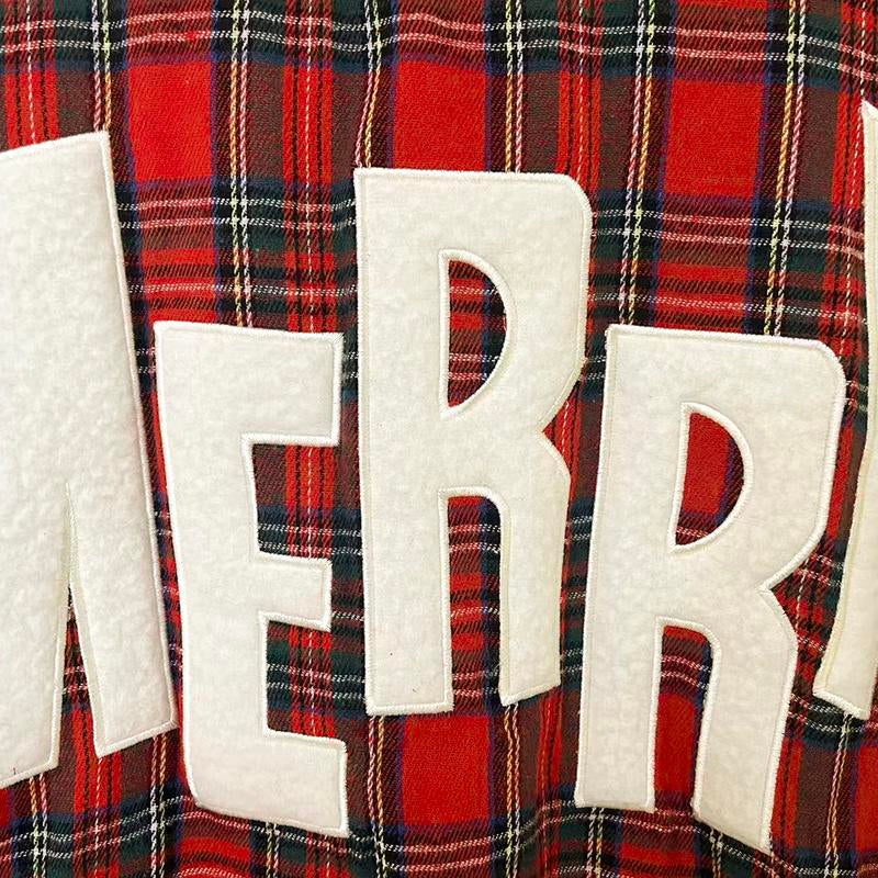 Sagevell Christmas Plaid "MERRY" Sweatshirt Festive Red Checkered Pullover with Fuzzy Letter Detail Cozy Holiday Top Soft Fleece Winter Piece