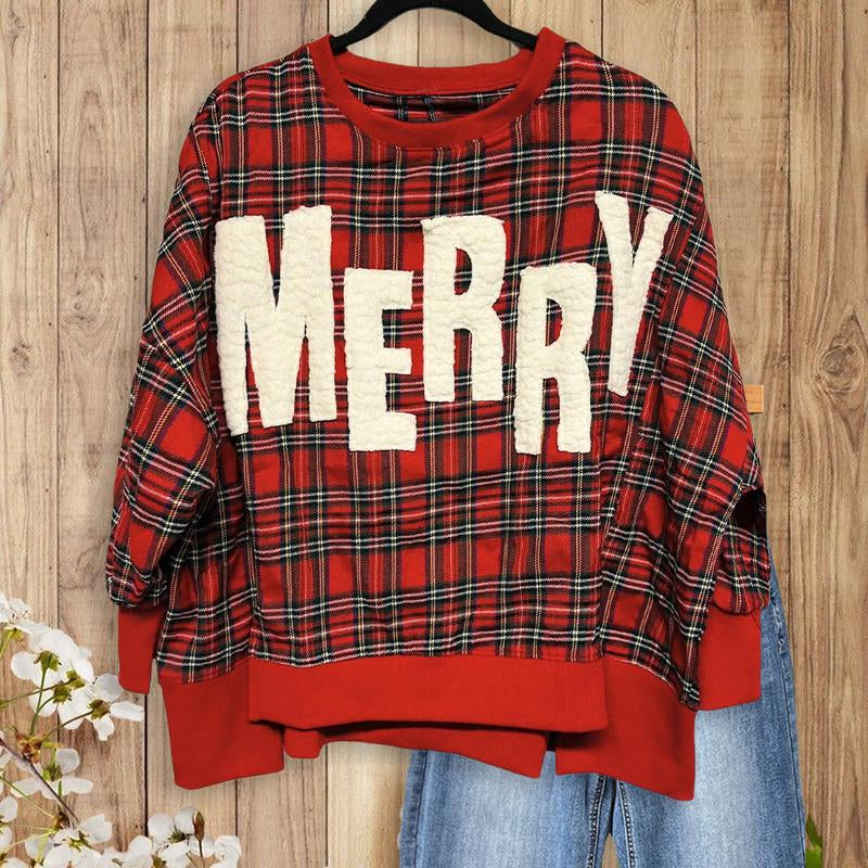 Sagevell Christmas Plaid "MERRY" Sweatshirt Festive Red Checkered Pullover with Fuzzy Letter Detail Cozy Holiday Top Soft Fleece Winter Piece